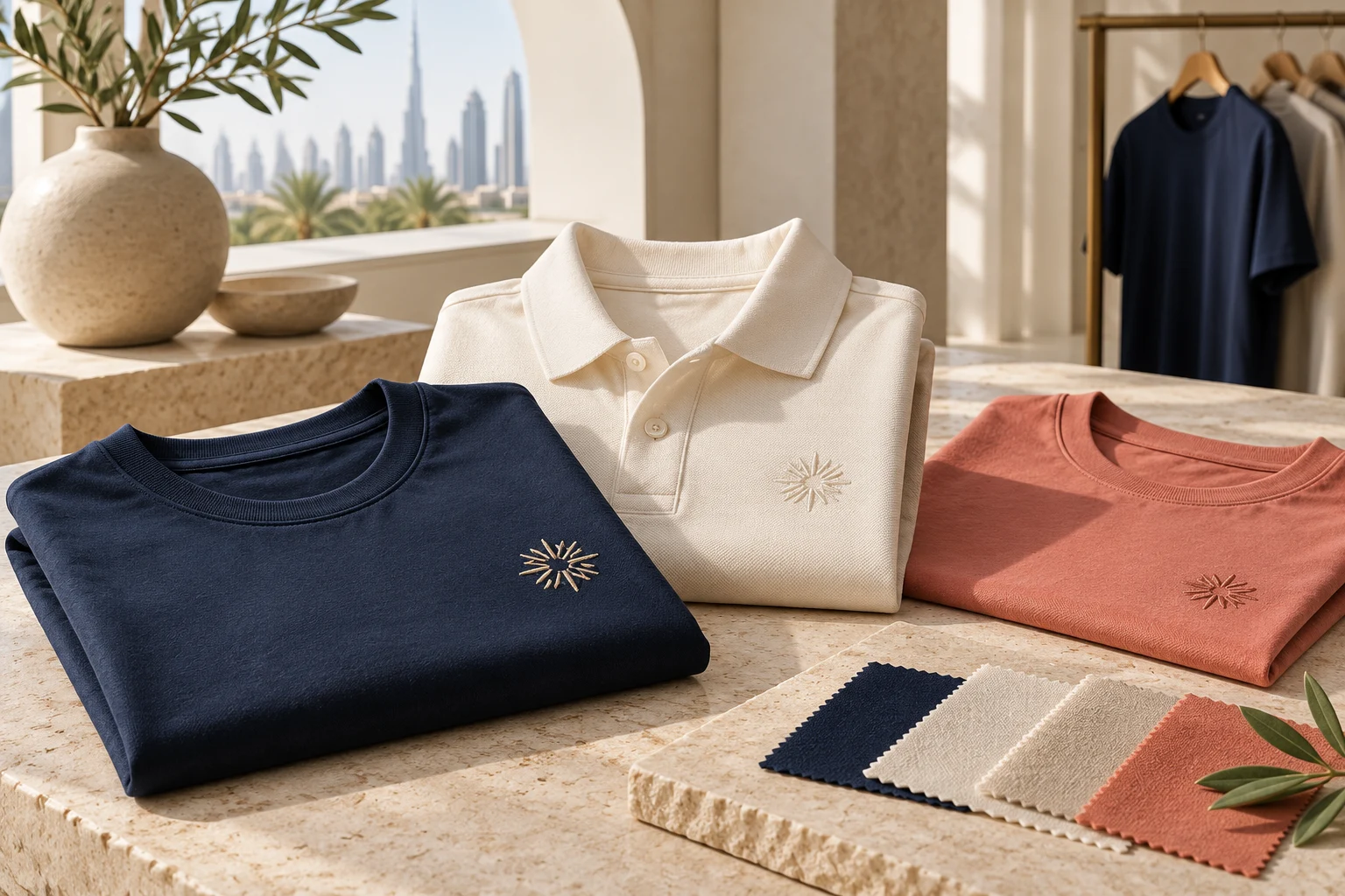 Illustrative navy T-shirt, ivory polo and coral shirt with fabric and embroidery details