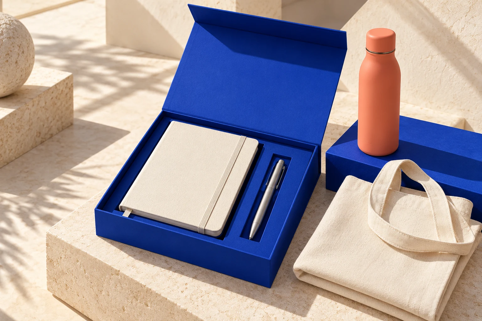 Illustrative corporate gift set with a cobalt box, notebook, pen, bottle and cotton bag